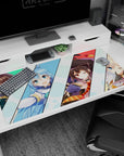 Anime desk pad featuring KonoSuba characters, 40x20 inches. Kazuma, Aqua, Megumin, and Darkness in dynamic, vibrant scene.