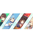 Desk pad 36x16 inches featuring KonoSuba characters: Kazuma stressed, Aqua beaming, Megumin winking, Darkness joyful.