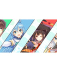 Anime desk pad 40x20 inches featuring KonoSuba characters; Kazuma stressed, Aqua proud, Megumin winking, Darkness enjoying.