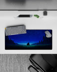 28x12 inches anime mouse pad in deep greens and soft blues, calm night mood with sapphire stars.