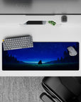 32x12 inches anime mouse pad in deep greens and sapphire blues, calm starlit gradients for a peaceful desk.