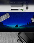 Calm blue and green anime desk pad 40x20 inches with sapphire stars, soft gradients, and horizon glow.