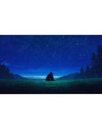 Anime desk pad 40x20 inches with starry night hill scene, pine silhouettes, and two figures under stars.