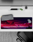 32x12 inches mouse pad with alien world design, blending glowing city lights, jagged mountains, and a lone wolf for a mysterious, cosmic vibe.