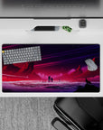 32x16 inches mouse pad with alien world design, showcasing glowing city lights, jagged mountains, and a lone wolf howling for an adventurous vibe.