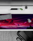 36x16 inches mouse pad with alien world design, blending glowing city lights, jagged mountains, and a lone wolf howling for a cosmic, adventurous look.