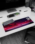 Artistic 32x12 inches mouse pad featuring alien world design, with glowing city lights, jagged mountains, and a cosmic sky for a sense of wonder.