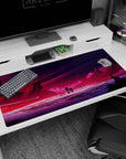 Large 40x20 inches mouse pad featuring alien world design, with glowing city lights, jagged mountains, and a cosmic sky for a mysterious, adventurous vibe.