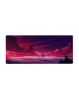 Mouse pad featuring alien world design, 28x12 inches, with glowing city lights, jagged mountains, and a howling wolf for an adventurous aesthetic.
