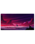 Mouse pad featuring alien world design, 32x16 inches, with glowing city lights, jagged mountains, and a cosmic sky for a sense of cosmic adventure.