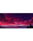 Mouse pad featuring alien world design, 36x16 inches, with glowing city lights, jagged mountains, and a cosmic sky for a sense of mystery and adventure.