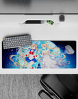 32x12 inches anime girl mouse pad in glowing blues and pink petals, dreamy cosmic night-sky aesthetic.