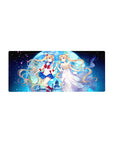 28x12 inches anime girl mouse pad with Sailor Moon and princess Usagi under a giant moon, petals falling.