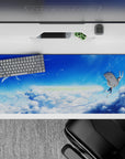 36x16 inches anime desk pad in bright cobalt blue and soft whites, calm airy mood with sparkly droplets.