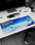 36x16 inches anime desk pad showing two uniformed teens drifting weightless, fingertips nearly touching.