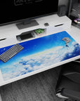 40x20 inches anime desk pad showing two uniformed teens drifting in clouds, fingertips almost touching.