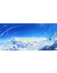 36x16 inches anime desk pad with teens floating in a summer sky, cobalt clouds and clean composition.
