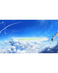 Anime desk pad 40x20 inches with two floating teens under a wide summer sky and soft clouds.