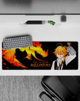 Black and fiery orange-gold anime mouse pad 32x12 inches with intense dragon glow and bold typography.