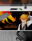 Black and orange-gold fiery dragon theme anime desk pad 40x20 inches, bold high-contrast gaming mat.