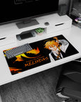 Meliodas with raised sword in white shirt and dark vest on anime mouse pad, 32x16 inches.