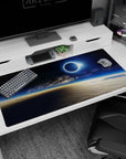 Glowing eclipse over a pale horizon desk pad, 40x20 inches, cosmic dawn scene with galaxy band.