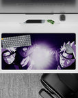 32x16 inches anime mouse pad in deep violet wash with bright white electric Rasengan glow, high-energy vibe.