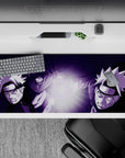 36x16 inches anime desk pad in deep violet with an electric white Rasengan glow, high-energy vibe.