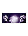 28x12 inches anime mouse pad with two Naruto lunging at a glowing Rasengan, crisp linework and headbands.