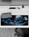 Moody storm-blue anime girl mouse pad 32x12 inches with neon crimson rain accents and steel skyline.