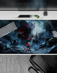 40x20 inches anime desk pad in stormy blues with neon crimson sparks, sharp steel skyline, cinematic rain.