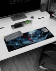Red-caped anime girl faces a horned skull monster on her board, mouse pad 32x12 inches battle scene.