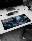 Red-cloaked anime fighter with board vs giant horned skull monster mouse pad 32x16 inches.