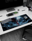 Anime desk pad 36x16 inches showing a fearless red-caped girl on a board facing a giant horned skull beast.