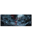 Anime girl mouse pad 32x12 inches with red-cloaked fighter, city ruins, and giant horned skull beast.