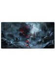 Anime girl mouse pad 32x16 inches with red-caped heroine facing horned skull beast in rainy city.