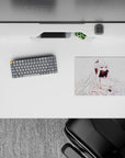 Anime girl mouse pad 14x10 inches in soft white and blush with burgundy accents, mysterious quiet vibe.