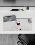 28x12 inches anime desk mouse pad in soft whites and blush with burgundy accents, mysterious quiet vibe.