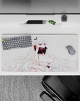 Anime girl mouse pad 32x16 inches in soft whites and blush with burgundy accents, sly mysterious vibe.