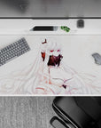 40x20 inches anime desk pad in soft whites and blush with burgundy accents, quiet sly magical vibe.