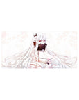 Anime girl mouse pad 32x16 inches with fox-eared snowy-haired kitsune and feathered fan, gaming desk mat.