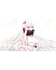 Anime girl desk pad 40x20 inches with fox-eared kitsune portrait, feather fan, and swirl backdrop.