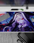 Midnight magic anime desk pad 40x20 inches in indigo and icy blues with crimson accents, cool and daring.
