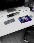 Hooded silver-haired anime girl covers her face with fingers, red eyes peeking on 14x10 inches mouse pad.