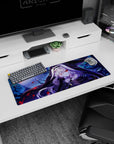 32x12 inches anime girl mouse pad showing a hooded silver-haired girl hiding red eyes behind her fingers.
