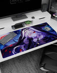 Hooded silver-haired anime girl desk pad 40x20 inches hiding red eyes behind fingers, secretive scene.