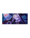 Anime girl mouse pad 28x12 inches with silver-haired hooded beauty, red eyes, and snow-speckled backdrop.