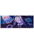 32x12 inches anime girl mouse pad with silver-haired hooded beauty, red eyes, and snowy night backdrop.
