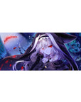 Anime girl desk pad 36x16 inches with silver-haired hooded beauty and red eyes on a midnight backdrop.