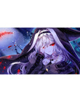 Anime girl desk pad 40x20 inches with silver-haired hooded beauty and red eyes, snowy speckled backdrop.